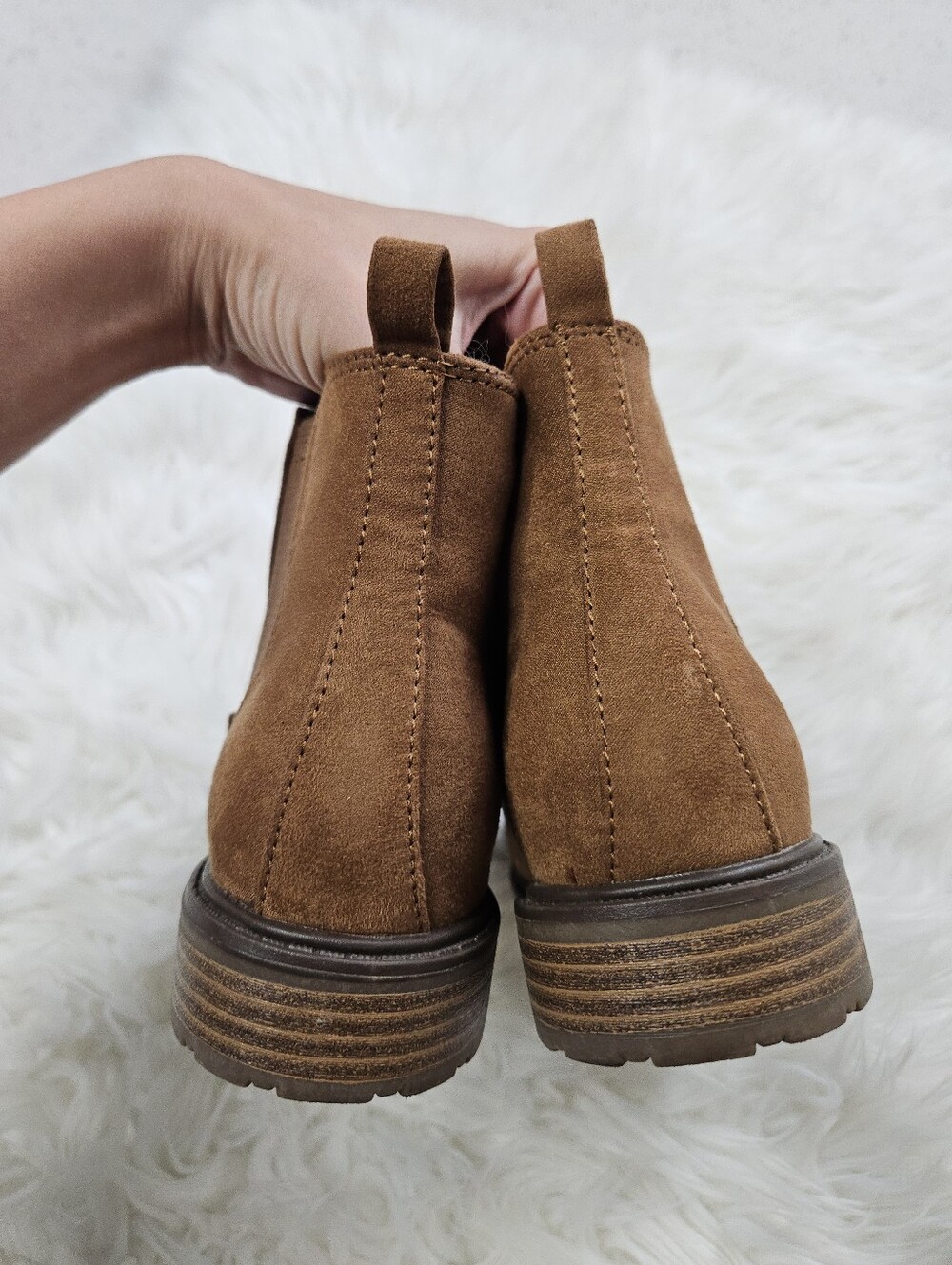 Sonoma Faux Suede Leather Ankle Boots Chelsea Cognac Orange Stacked Heel 8 Boho - Picture 3 of 8